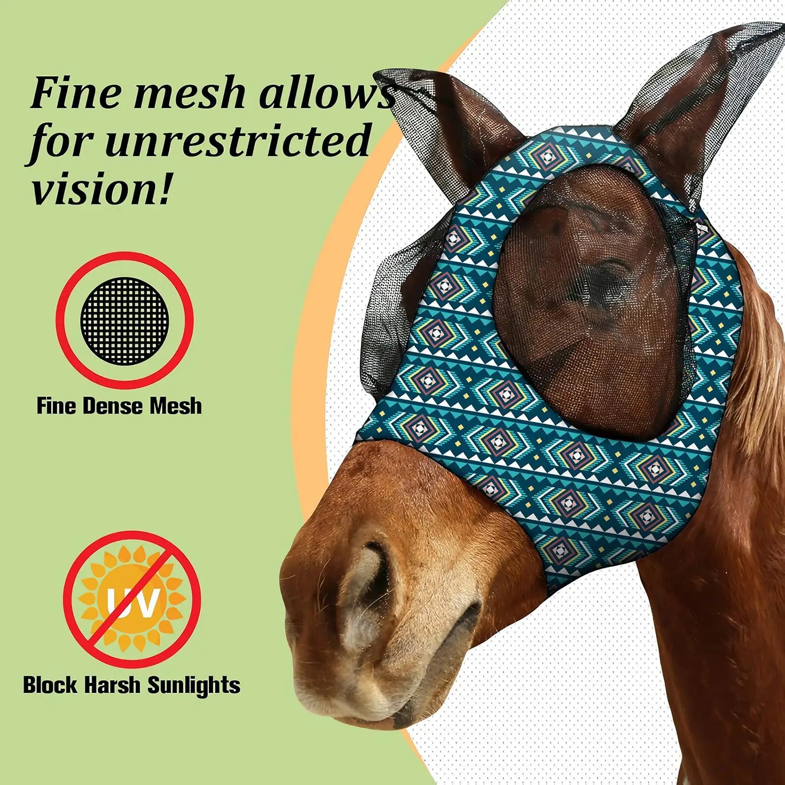 Masque pour cheval avec oreilles, protection anti-mouches respirante, ouverture réglable pour la crinière, équipement équestre, protection UV, fournitures pour animaux de compagnie