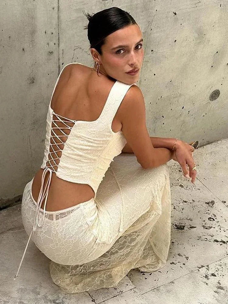 Ensemble 2 pièces jupe longue en dentelle et bandage pour femme, mode patchwork, dos nu, taille haute, élégant, à lacets