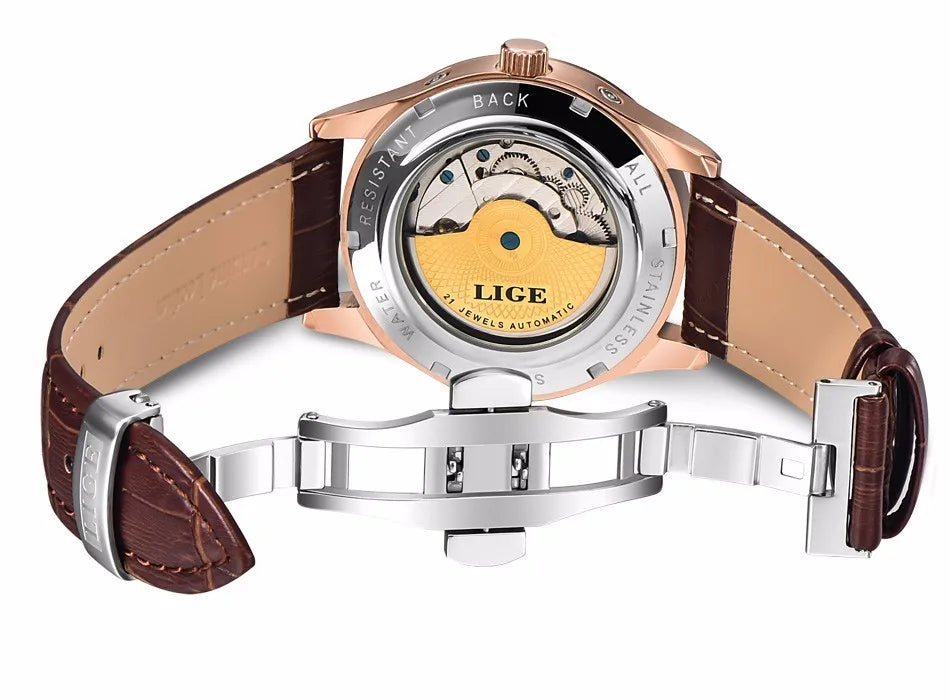 LIGE Relojes para hombre Reloj mecánico automático Reloj Tourbillon Piel auténtica Reloj impermeable Reloj de pulsera militar para hombre
