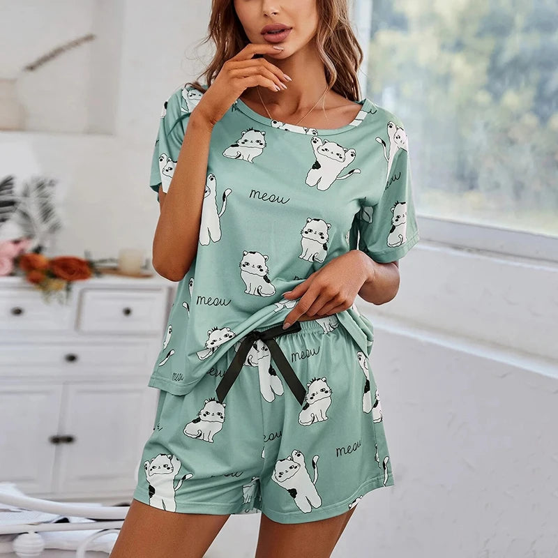 Pijamas de Mujer Conjuntos de Manga Corta Parte Superior y Pantalones Ropa de Dormir 2 Piezas Pjs Ropa de Casa Conjunto de Pijama Estampado de Dibujos Animados Ropa de Dormir