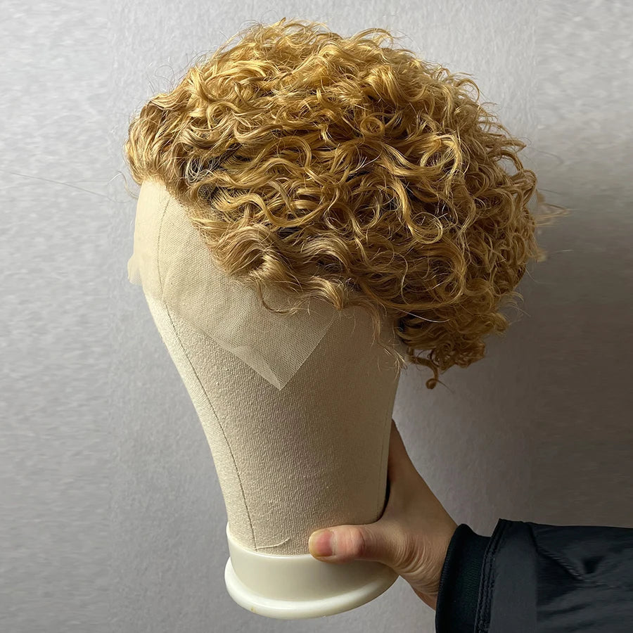 Honey Blonde #27 Short Pixie Cut Wigs 13x1 Lace Front Short Layered Pixie Wig for Daily Wear 100% Human Hair Transparent Lace