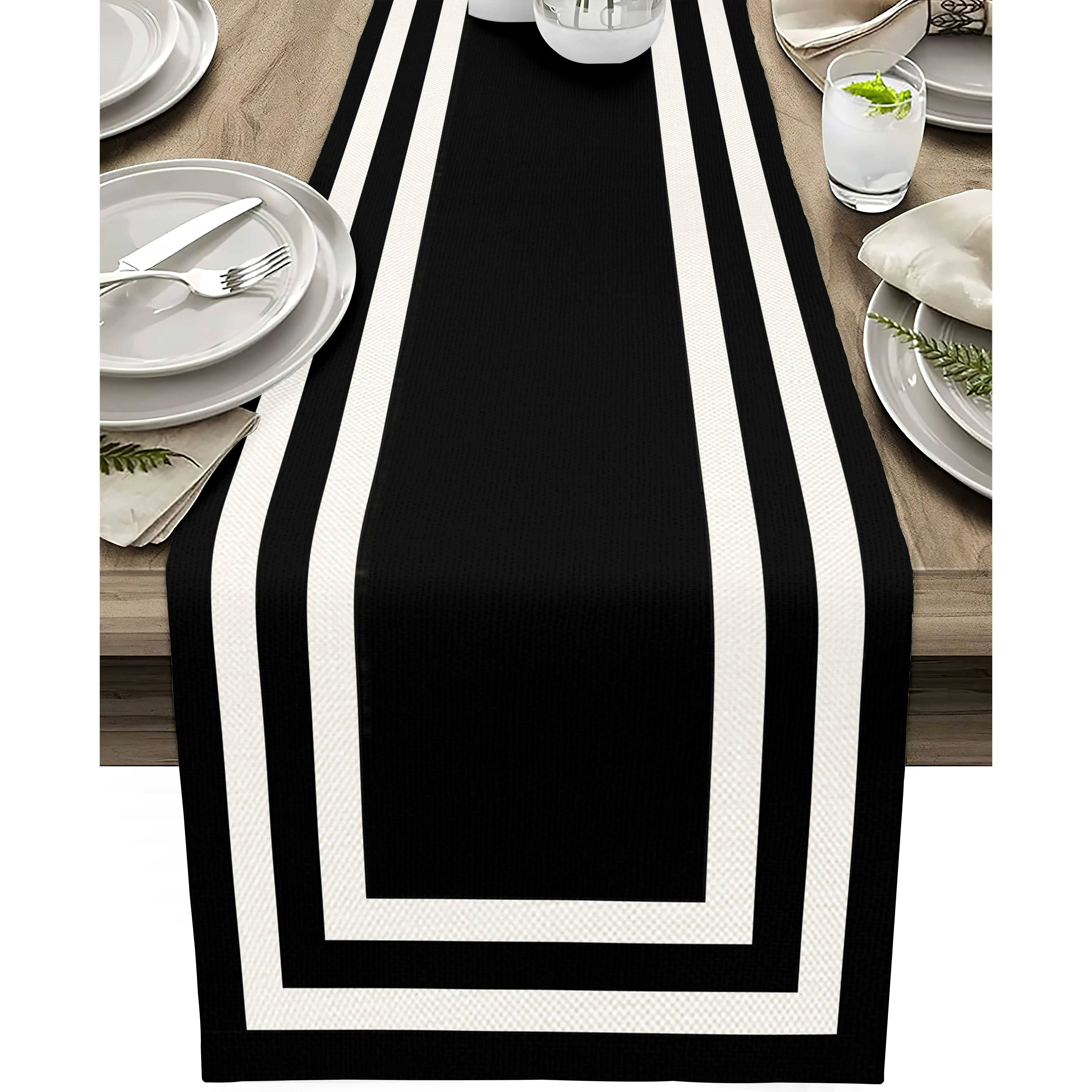 Elegant Black and White Border Table Runner Modern Geometric Design with Vertical Stripes Perfect for Kitchen Dining Room