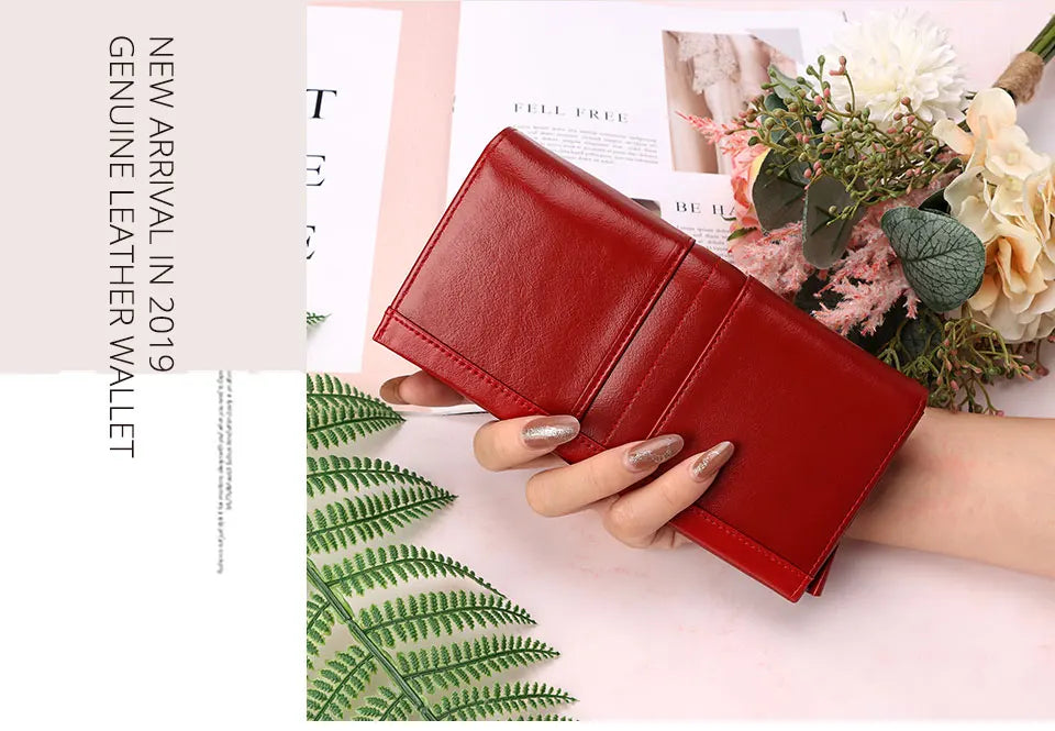 KAVIS Cartera de cuero genuino de marca de lujo para mujer, embrague largo con bolsa para teléfono celular, RFID, moda, rojo, tarjetero, bolso