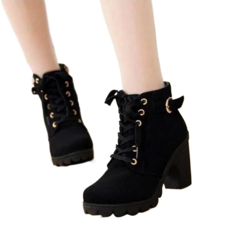 Botines de tacón alto con cordones para mujer – Diseño de plataforma con hebilla de moda