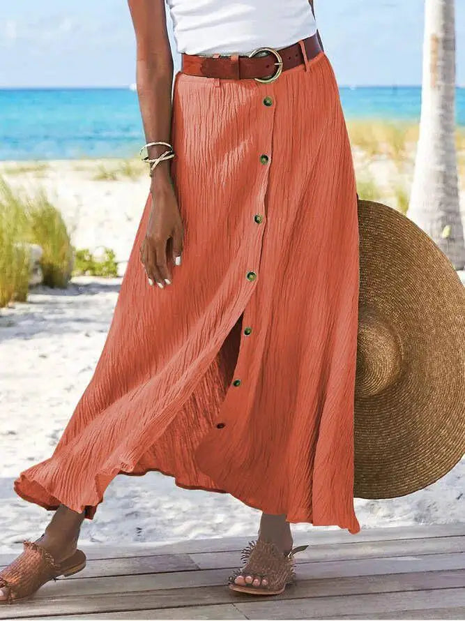 Falda de mujer primavera verano, nueva moda casual, algodón y lino, color sólido, botones, falda dividida, línea A, cintura alta, falda larga.