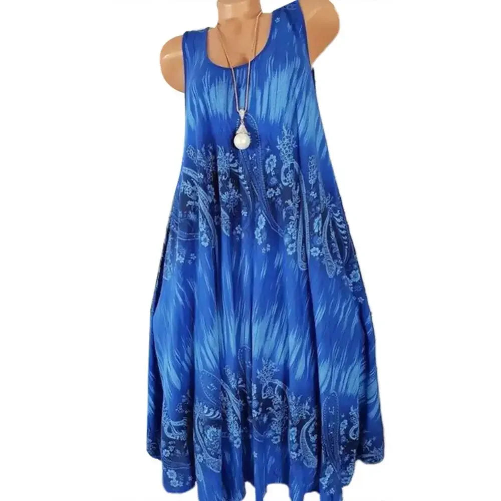 Vestido de verano para mujer, estampado floral, cuello redondo, sin mangas, holgado, plisado, talla grande