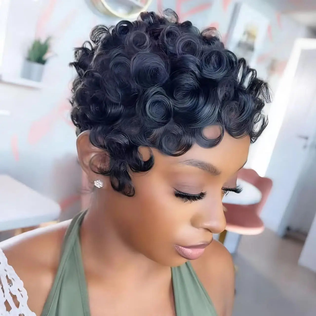 Natural Black Brazilian Curly Pixie Cut Human Hair Wig, Glueless Short Layered Wig With Bangs, Comfortable Breathable Real Human Hair, Easy Wear No Glue Design, Stylish Hairstyle Accessory for Women Daily Party Travel Photogr