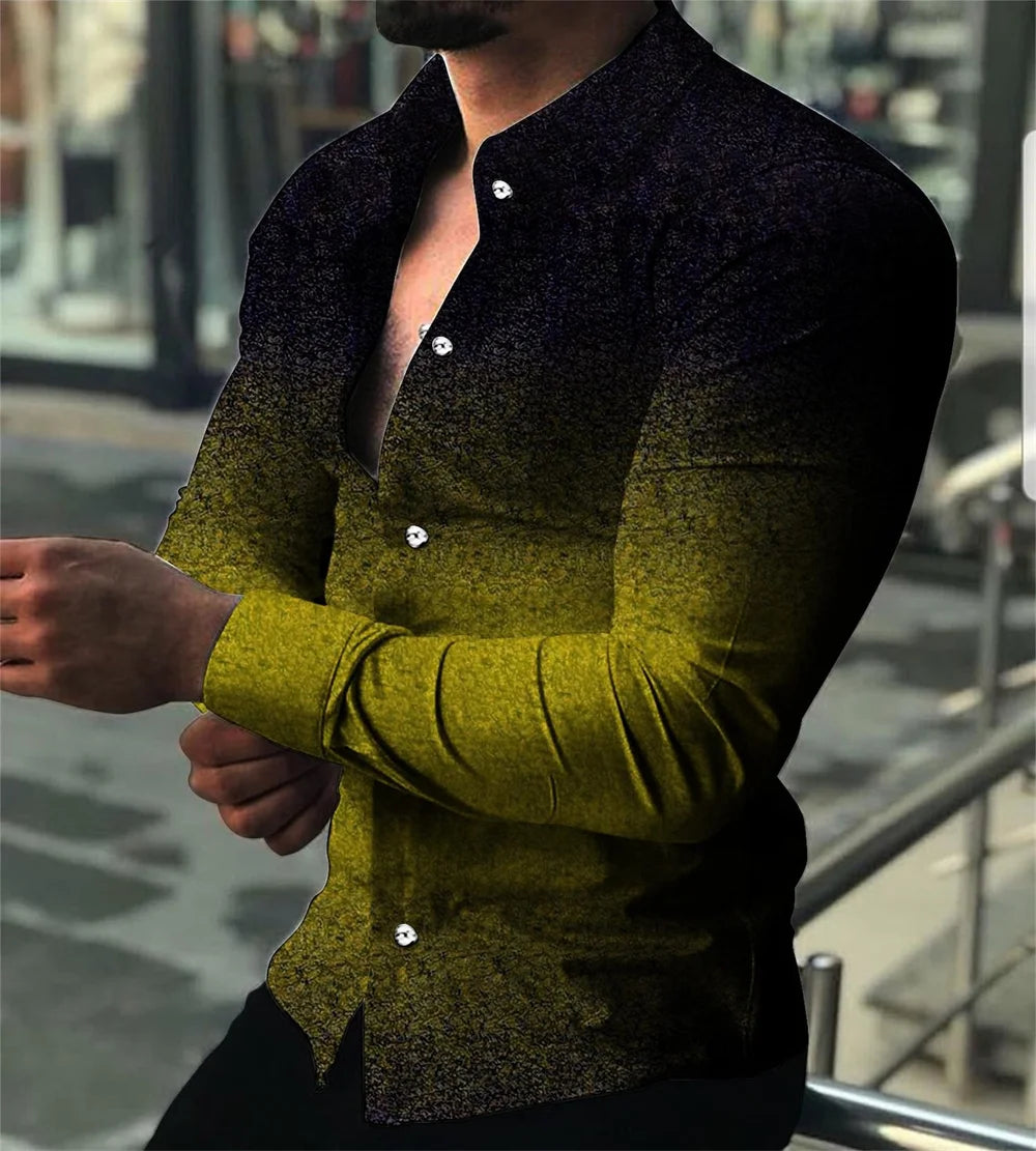 Nueva moda masculina lujo social baile camisa blanca de manga larga con solapa y botones, estampado casual, ropa de diseñador para hombre, top