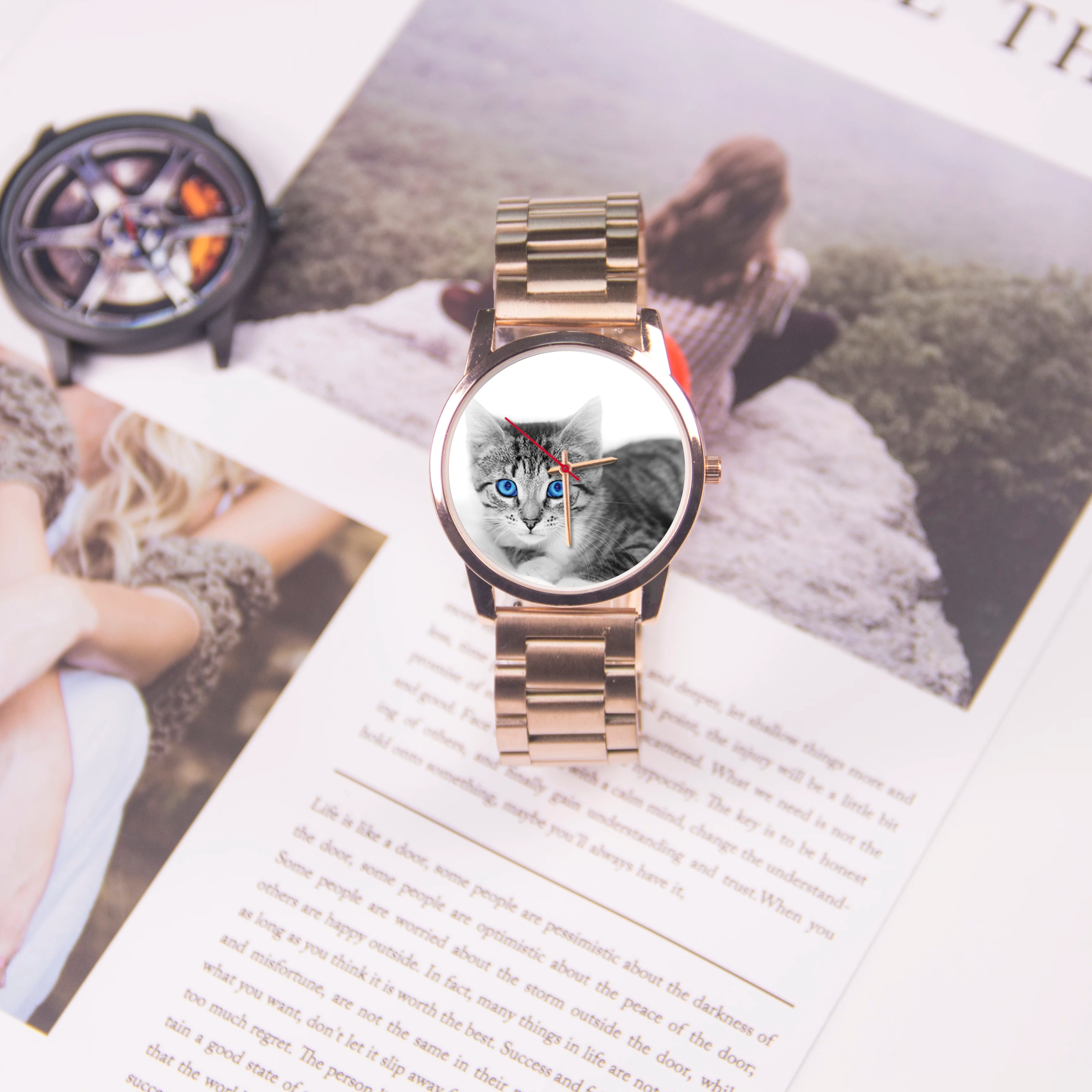 Relojes para Hijo Amiga Mujer Esposa Familia Logo Gato Reloj de Pulsera para Mujer Esfera DIY Cuarzo Esposas Mascota Foto Personalizada