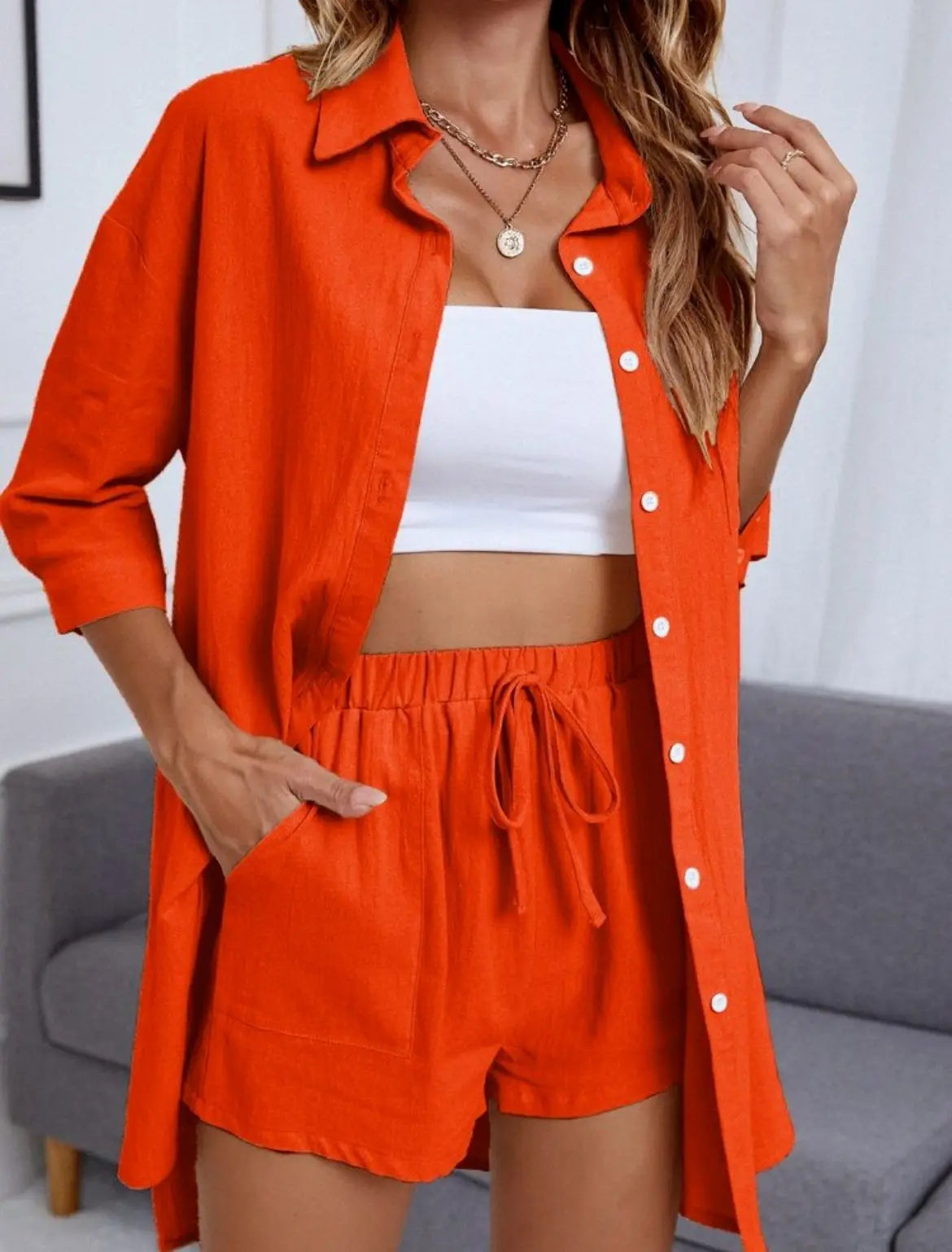 Women Short Sets Two Piece Shorts Suit Summer Single Breasted Cardigan Shirt Waist Lace Up Short Pant Matching Sets Elegant