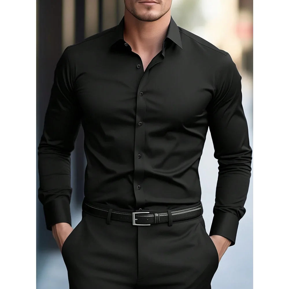 Men's Shirt Brand New Solid Color Long Sleeve Smart Casual Four Season Elastic Male Business Shirts