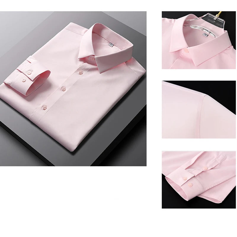 Camisa de manga larga de color liso para hombre, informal y a la moda, que no necesita planchado y es resistente a las arrugas, top de negocios