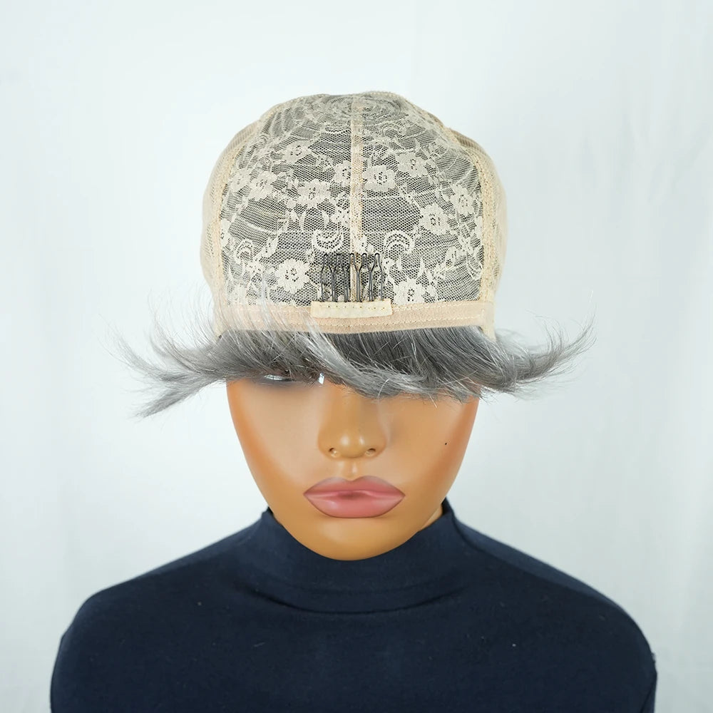 Gray Human Hair Pixie Cut Wig Short Silver Color with Pre Plucked Bangs for Women Brazilian Remy Hair Machine Made Pixie Cut Wig