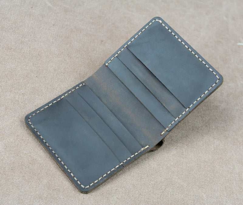 Cartera de lujo hecha a mano de cuero genuino Crazy Horse para hombre, cartera pequeña de cuero para hombre, monedero corto con clip para billetes, bolsa para dinero, café negro