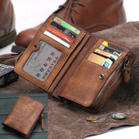 Cartera de lujo hecha a mano de cuero genuino Crazy Horse para hombre, cartera pequeña de cuero para hombre, monedero corto con clip para billetes, bolsa para dinero, café negro