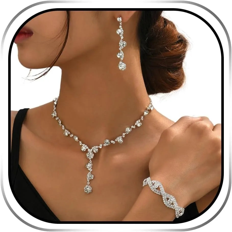 Parure de bijoux pour femme, boucles d'oreilles en strass, bracelet en argent, collier, cadeau de fête, de bal, de mariage