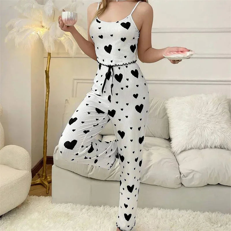 Ropa de dormir para mujer, conjuntos de pijamas de otoño e invierno, chaleco sin mangas con estampado de corazón y pantalón largo, conjunto de lencería sexy y pijamas