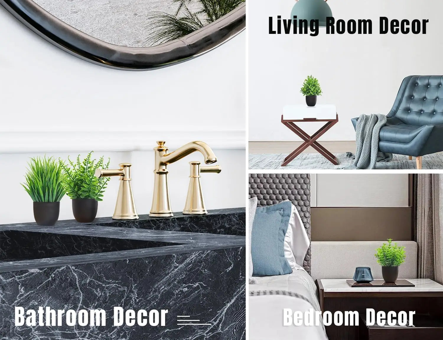 Plantes artificielles, lot de 4, petites plantes artificielles, accessoires de salle de bain noirs pour la maison, le bureau, la décoration de table et l'intérieur.