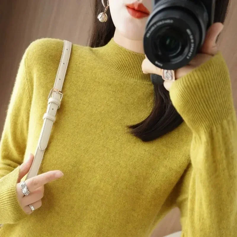 Suéter de mujer otoño invierno, camisas base cálidas casuales, cuello simulado, tejido básico, jerséis de manga larga, moda coreana