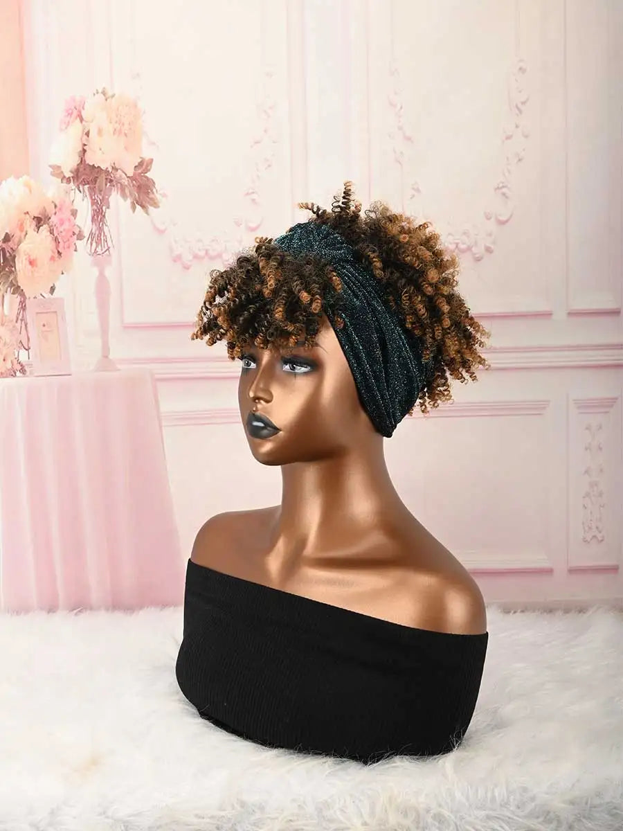 Headband Wig Curly Headband Wig With Bangs For Women Synthetic Afro Curly Hair Wig With Headband Attached Short Kinky Curly Afro High Puff With Bangs Stripes Short Red Curly Wigs with Bangs for Women, Natural Wavy Synthetic H