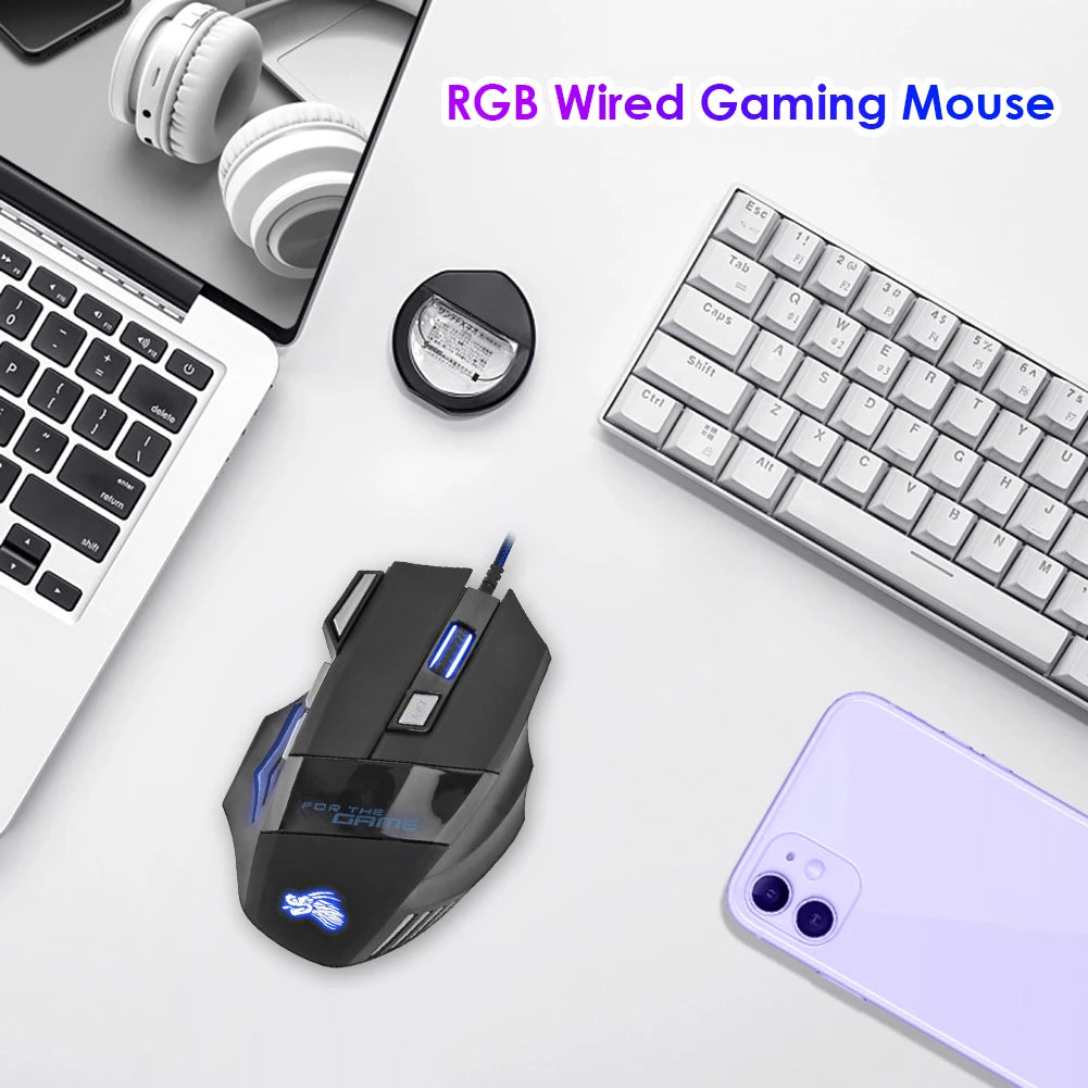 Souris de jeu filaire USB 7 boutons, rétroéclairée, ergonomique, 5 500 DPI, rétroéclairage réglable, optique, pour PC de jeu et ordinateur de bureau