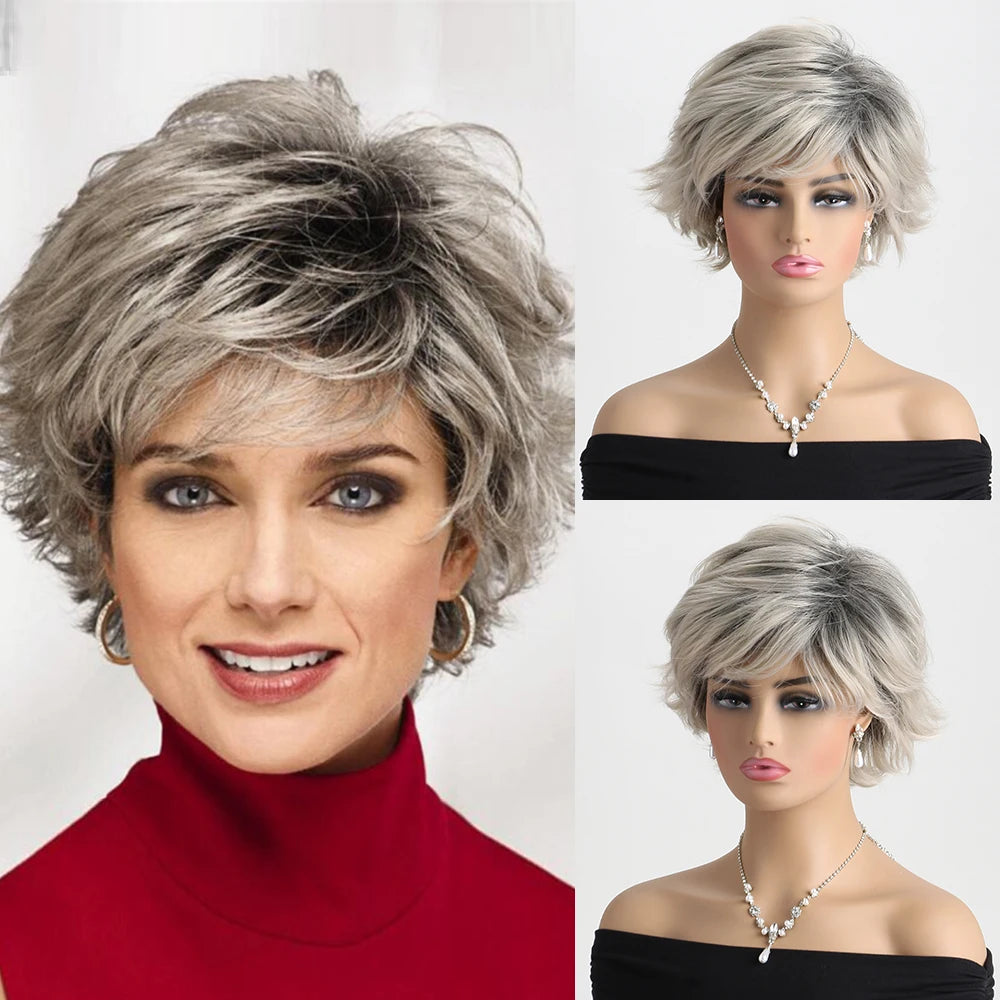 Short Natural Wigs with Bangs Soft Mommy Hair Daily Use Short Grey Ombre Curly Synthetic Hair Costume Party Wig for Women