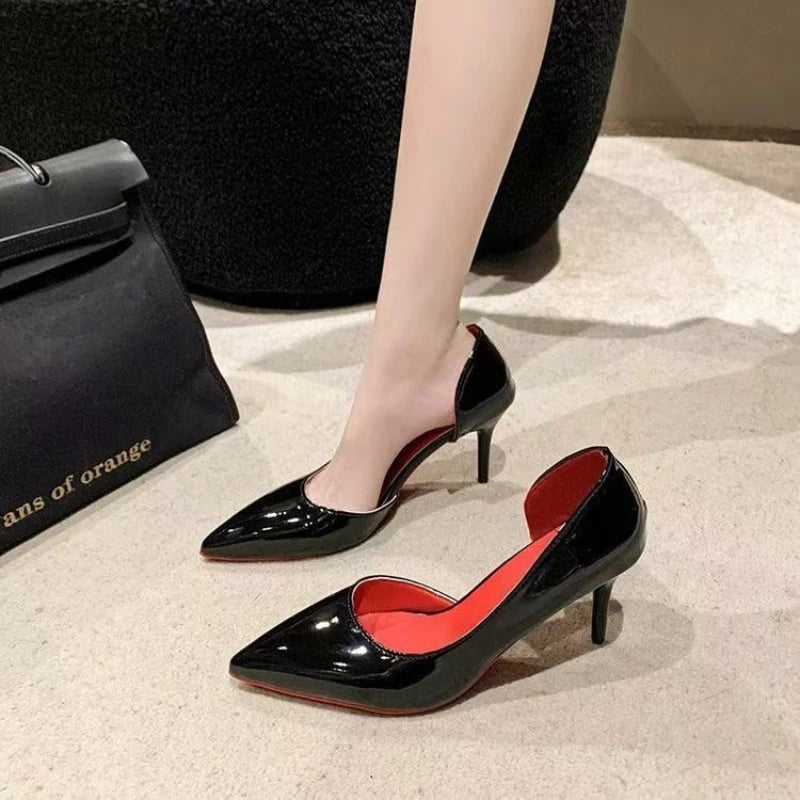 Elegant Hollow Women's High Heels 2025 Luxury Brand Black Pointed Toe Pumps Red Shiny Bottoms Sexy Fashion Ladies Shoes Women