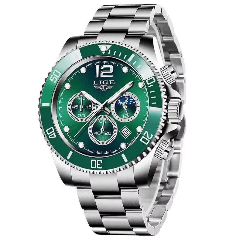 Reloj de hombre LIGE de marca superior, reloj de lujo para hombre, deportivo, resistente al agua, cronógrafo de acero inoxidable, reloj de pulsera de cuarzo, Relogio Masculino+Caja