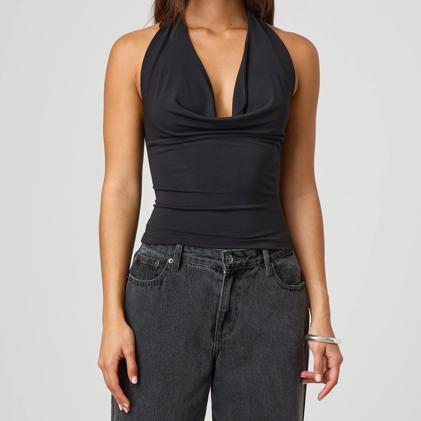 Camisetas Halter de Calidad Premium para Mujer, Estampado Floral de Verano/Color Liso, Cuello Drapeado, Sin Espalda, Tipo Chaleco para Ropa Estética Urbana