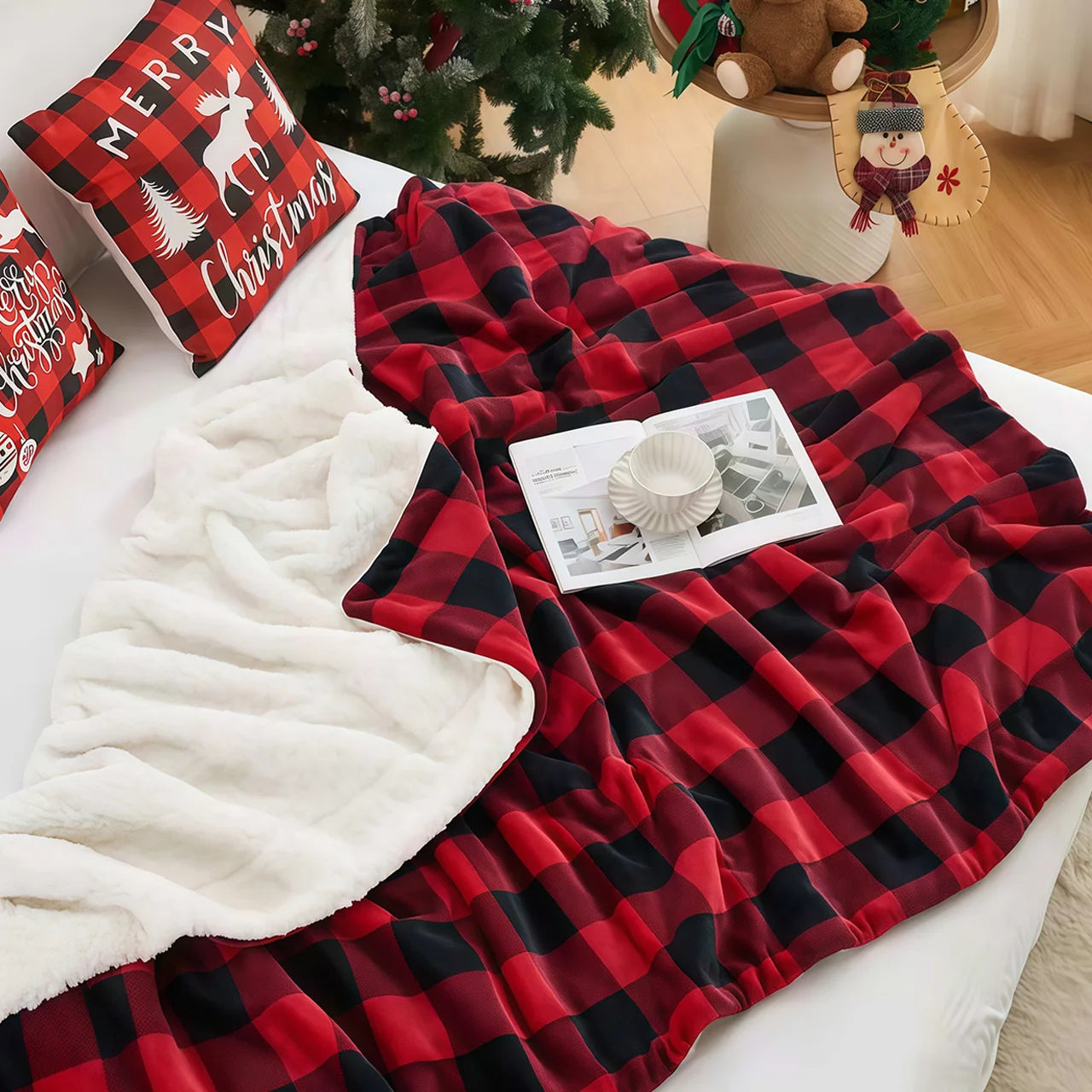 Manta de forro polar sherpa suave de 1 pieza con estampado a cuadros de búfalo - Para sofá, cama y uso en exteriores - Para todas las estaciones, lavable a máquina, suave y cálida, 4 libras de peso