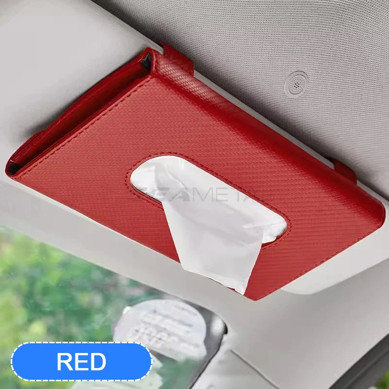 SEAMETAL Parasol de coche con dispensador de pañuelos, caja de pañuelos universal para interior de coche, bolsa de almacenamiento de toallas de papel de fibra de carbono, cajas de pañuelos para parasol