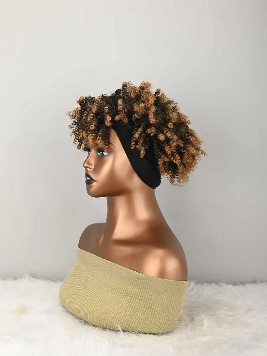 Headband Wig Curly Headband Wig With Bangs For Women Synthetic Afro Curly Hair Wig With Headband Attached Short Kinky Curly Afro High Puff With Bangs Stripes Short Red Curly Wigs with Bangs for Women, Natural Wavy Synthetic W