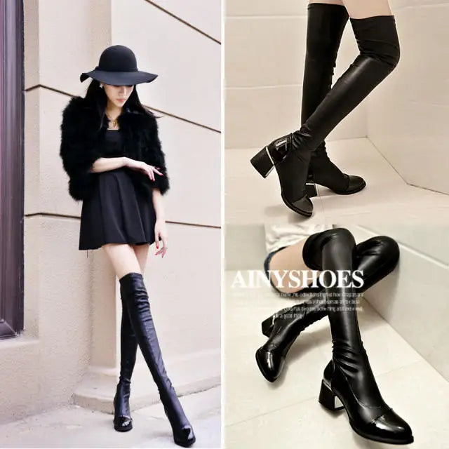 Women Boots Autumn Winter Add Cotton Warm Knee-high Long Boots Woman Elasticity Sexy Heel Height Shoes Ladies Fashion Casual