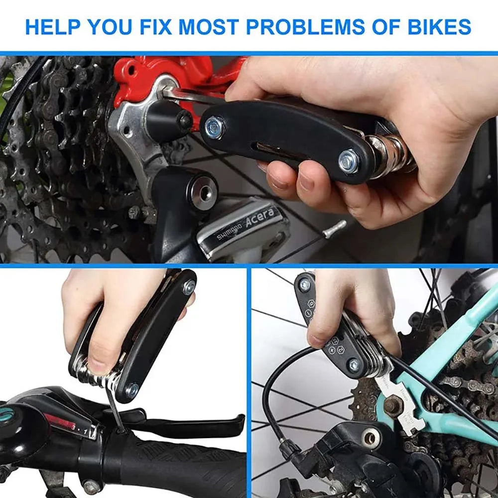 Kit de herramientas portátiles de reparación de bicicletas 16 en 1 Llave hexagonal Tuerca Destornillador para neumáticos Herramientas de reparación de motocicletas y bicicletas