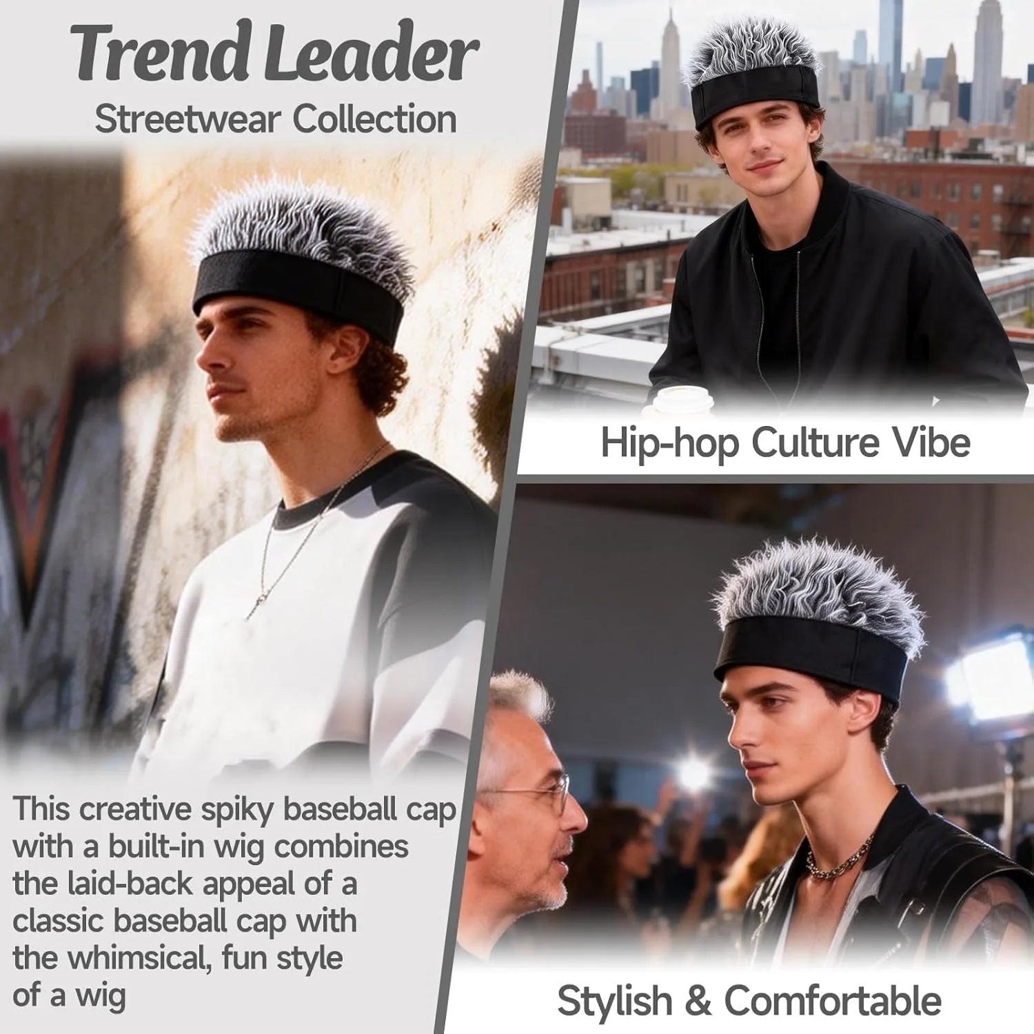 Unisex Novelty Spiked Fake Hair Wig Beanie Hat for Men & Women, Grey Straight Spiky Hair Integrated Funny Wig Cap, Hip Hop Style Stretch Headband Hat, Fun Costume Headwear for Party Cosplay Daily Outfit