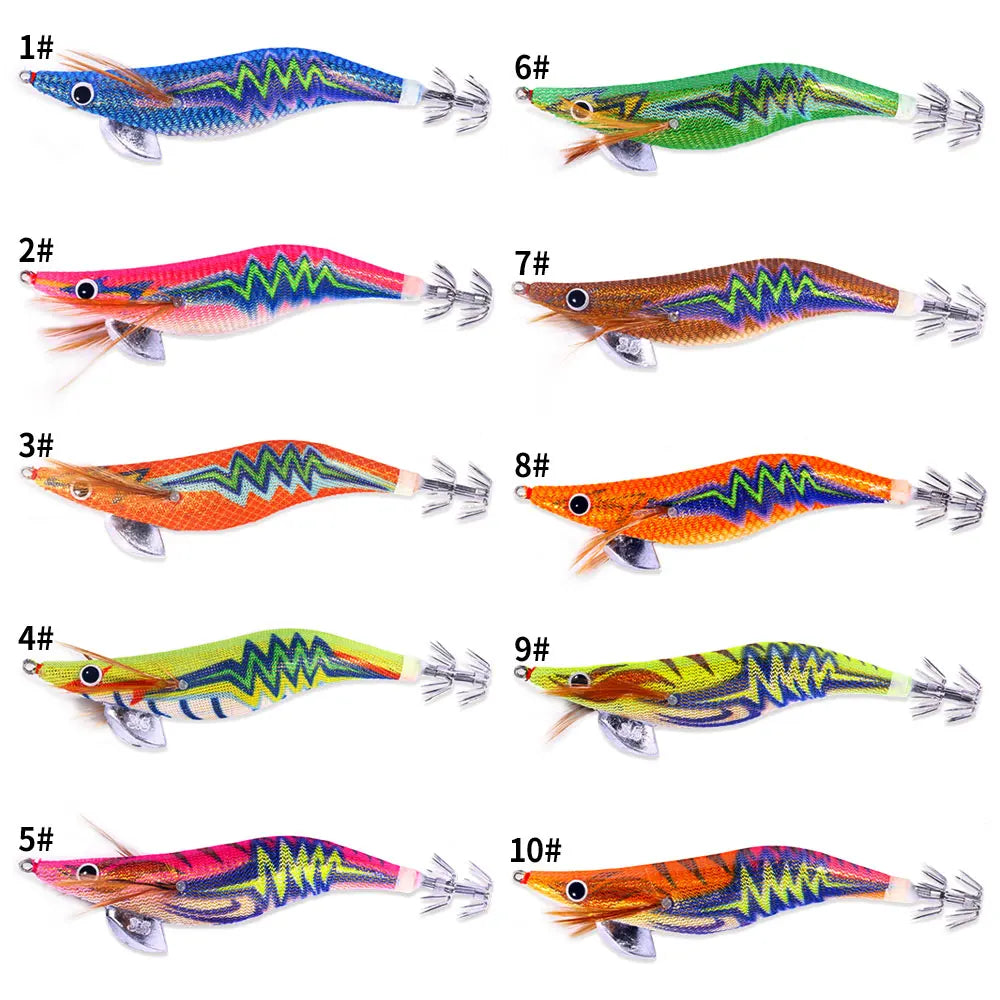 1pcs Wooden Shrimp Fishing Lure Squid Jig Fishing Hook Octopus Cuttlefish Artificial Jigging Lures Hard Bait Pesca 3.5# 14CM 20g