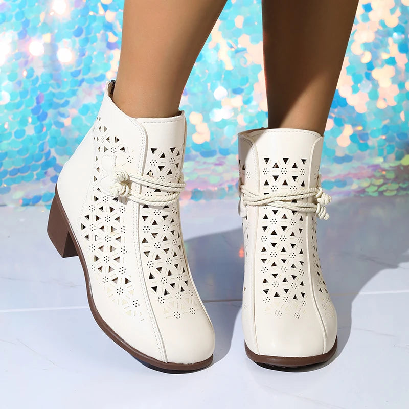 Women’s Hollow-Out Ankle Boots – Retro Mid-Heel Soft Sole Shoes