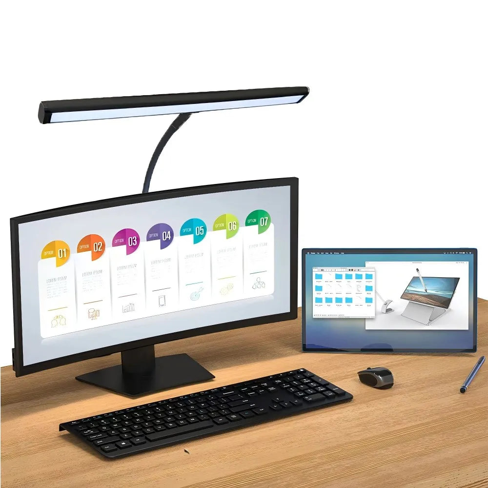 Lámpara de escritorio LED de oficina para el hogar, doble cabezal, atenuación continua, luces de lectura que cuidan la vista, 3 modos de color, lámparas de mesa de PC ajustables y flexibles