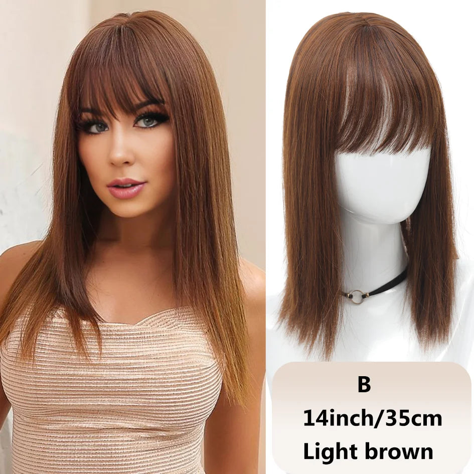 Syntetisk dameparykk med rett hår, 25 cm/30 cm pannelugg, topperstatning, tre kort, svart parykk/brun parykk/beige parykk/khaki parykk