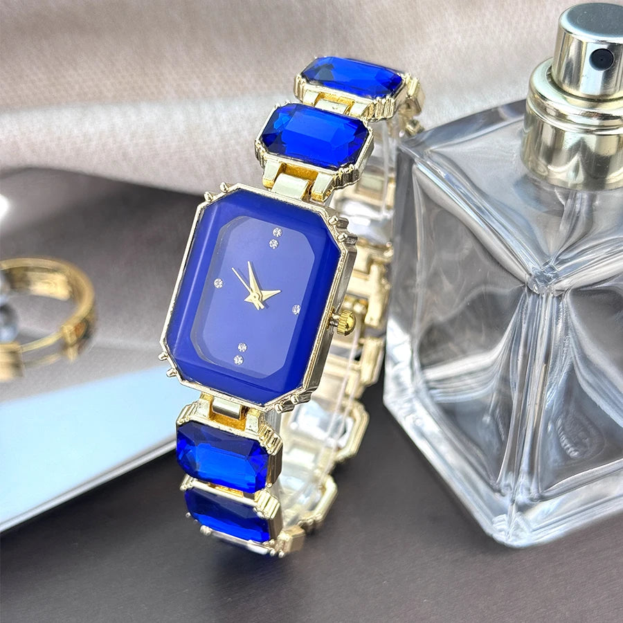 reloj de señora estilo europeo y americano de moda con esfera de diamantes de imitación, caja rectangular de color con cadena de diamantes de imitación, sección grande de mujer