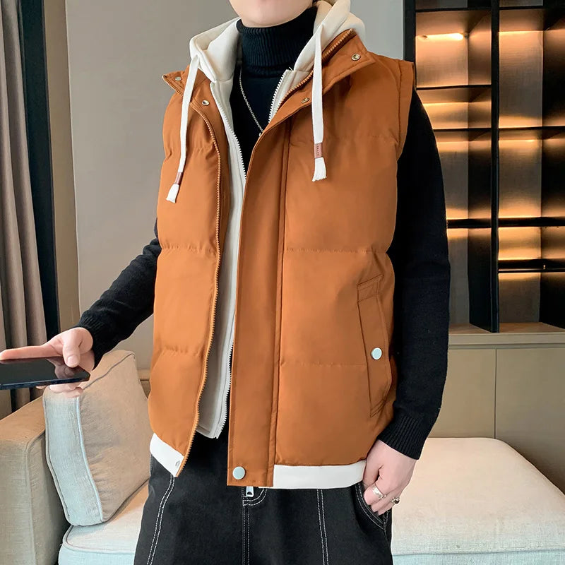 Chaleco cortavientos con capucha para hombre, chaqueta sin mangas, chaqueta de invierno, abrigo informal, chaleco grueso de algodón y plumón para hombre, abrigo grueso