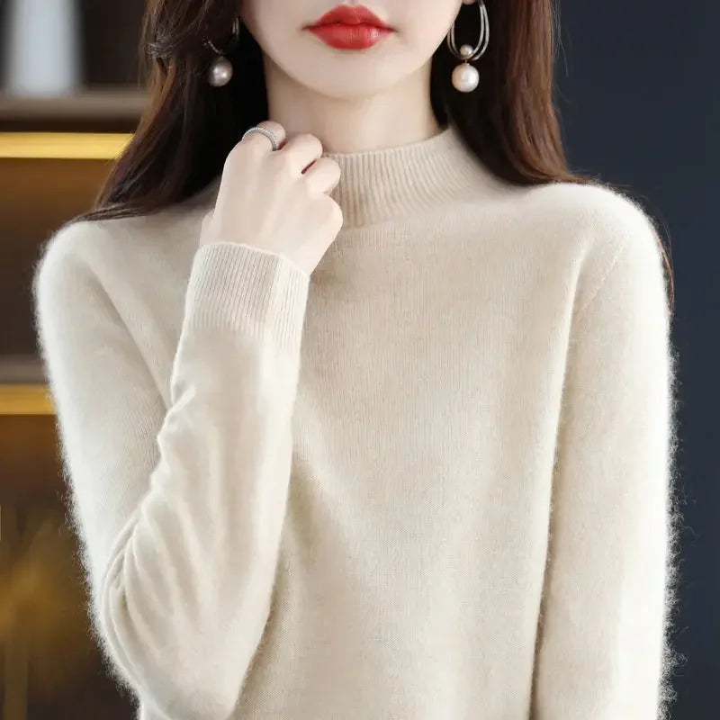 Suéter de mujer otoño invierno, camisas base cálidas casuales, cuello simulado, tejido básico, jerséis de manga larga, moda coreana