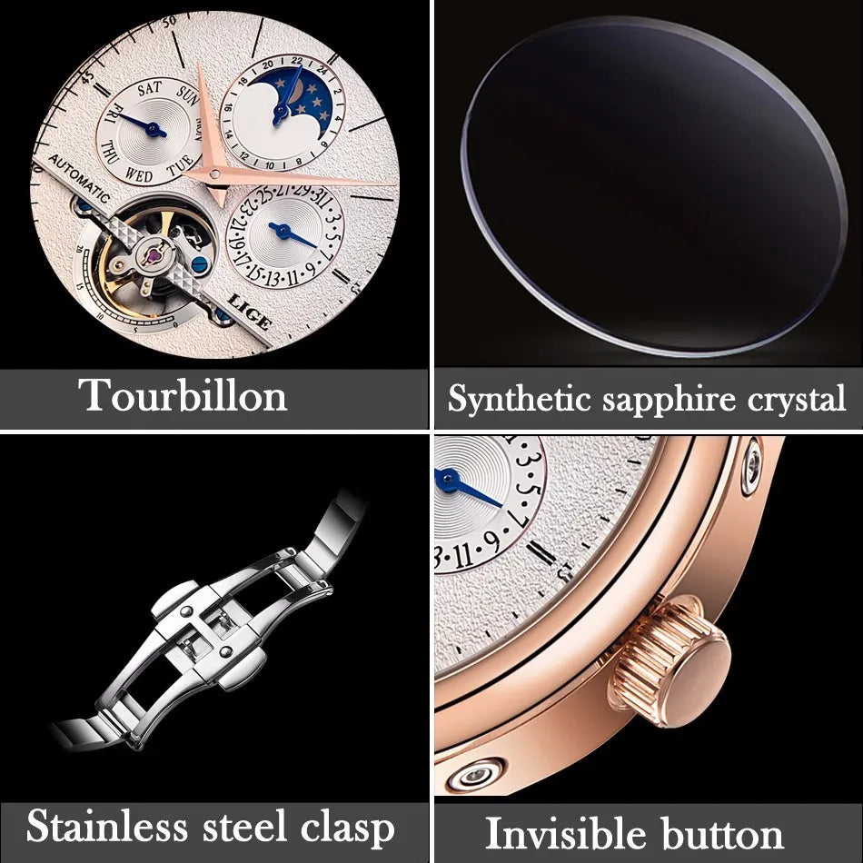 LIGE Relojes para hombre Reloj mecánico automático Reloj Tourbillon Piel auténtica Reloj impermeable Reloj de pulsera militar para hombre