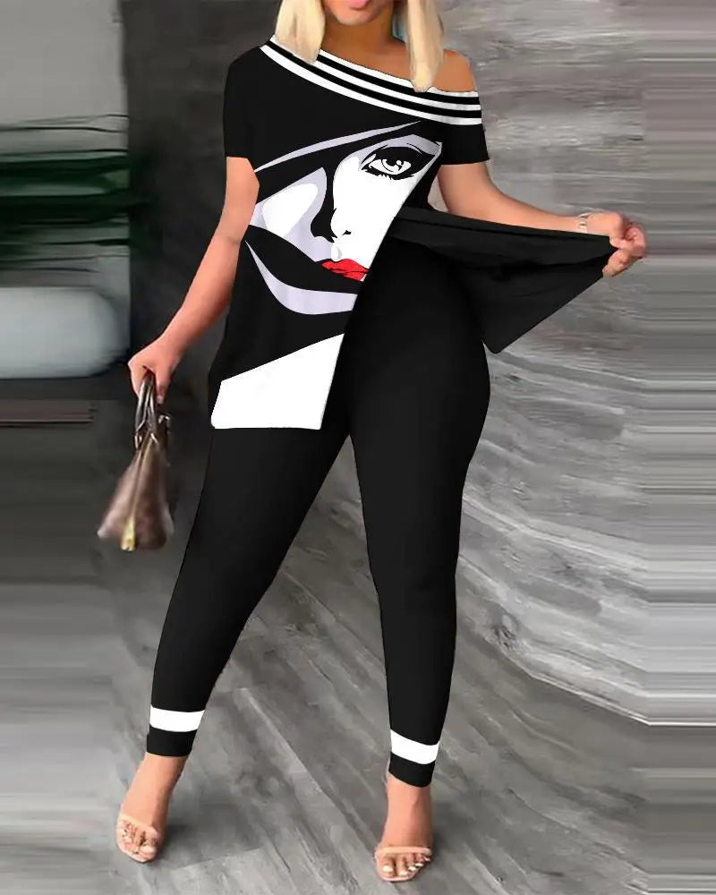Conjuntos de dos piezas elegantes para mujer, nueva moda, estampado, top de manga con volantes, conjunto de pantalones de color sólido con cinturón, blusas, ropa femenina