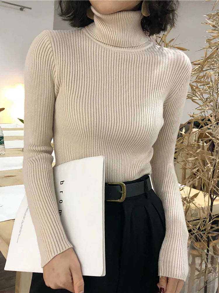 Jersey de cuello alto para mujer, blusa de otoño e invierno, jersey coreano ajustado para mujer, suéter de punto, jersey para mujer, invierno