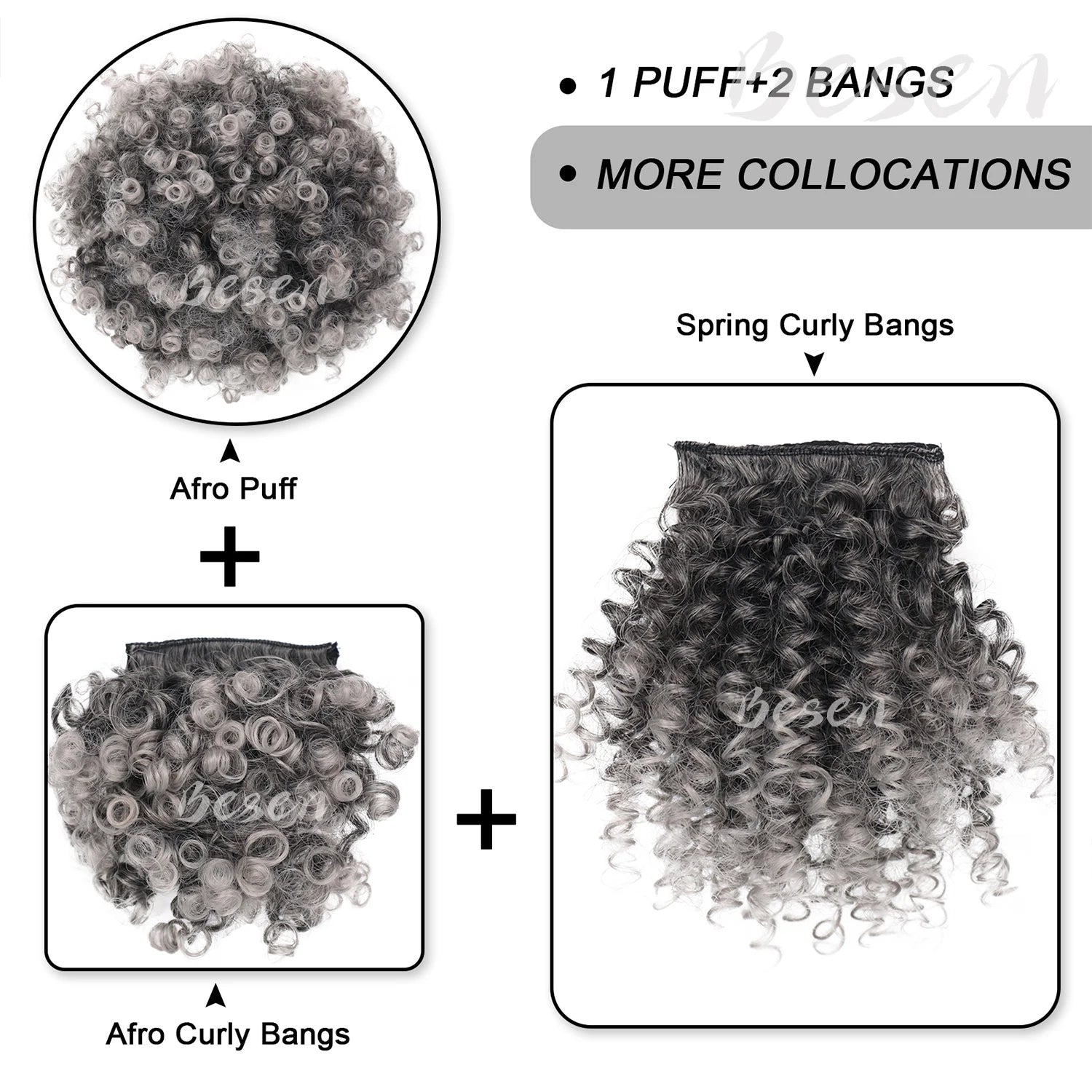 Synthetic Afro Puff Drawstring Ponytail with Replaceable Bangs Short Afro High Puff Bun with 2 Bangs Hair Bun Clip in Hairpieces
