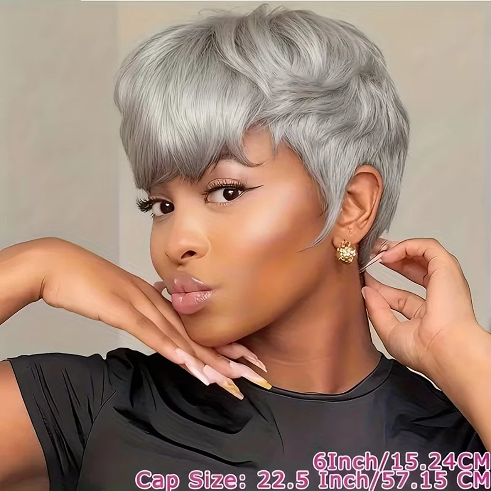 Short Pixie Cut Wig Silver Gray Straight Human Hair Wigs Bazilian Hair with Bangs for Women Machine Made 100% Human Hair Wigs