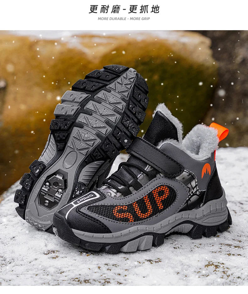 Winter Plus Velvet Hiking Shoes For Kids Non-slip Platform High Top Sports Shoes Boys Outdoor Warm Plush Children's Sneakers