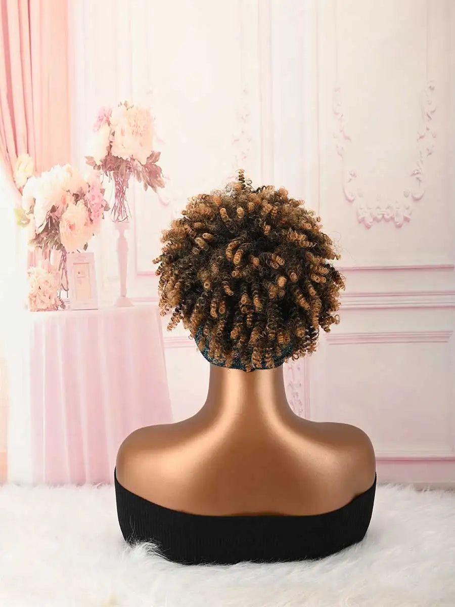 Headband Wig Curly Headband Wig With Bangs For Women Synthetic Afro Curly Hair Wig With Headband Attached Short Kinky Curly Afro High Puff With Bangs Stripes Short Red Curly Wigs with Bangs for Women, Natural Wavy Synthetic H