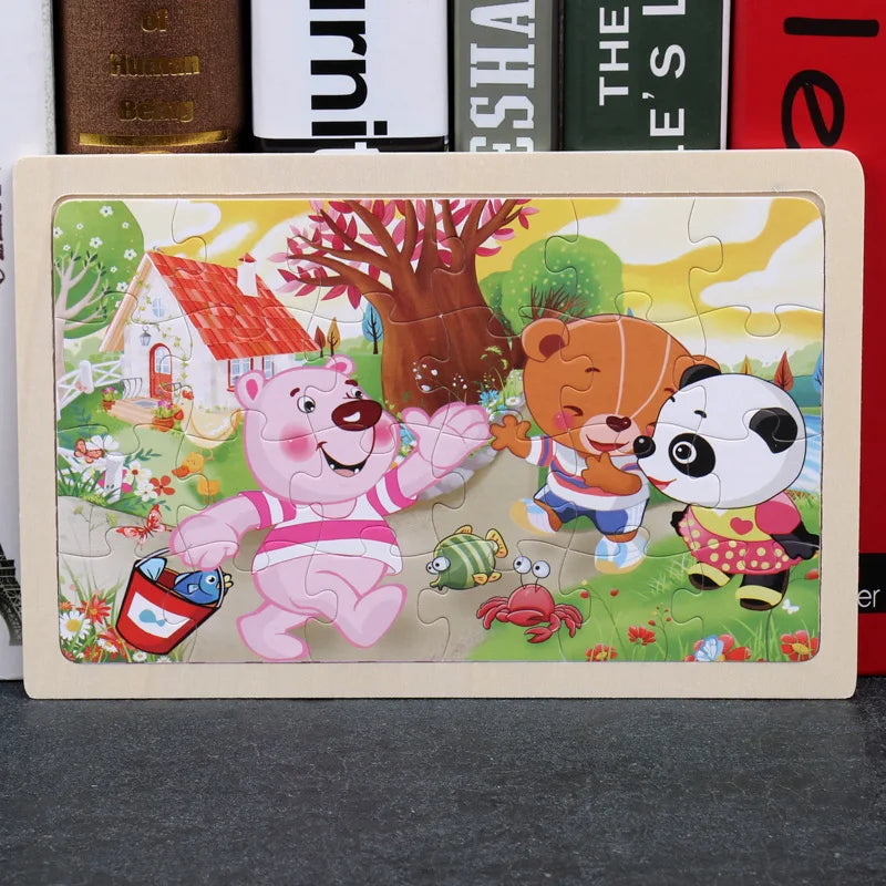 Rompecabezas de madera de 24 piezas para niños, diseño de animales de dibujos animados, juguete educativo temprano de madera para niños, regalo